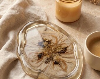 Epoxy Resin Tray, Bloom Flower Jewelry Dish, Gold Detail Serving Decor