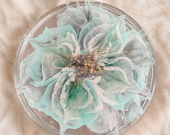 Handmade Mint Green Resin Jewelry Tray, Floral Bloom, Gold Leaf, Crystal Details