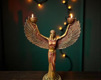 Winged Goddess Candle Holder, Gold Art Deco Statue, Isis Inspired Decor, Spiritual Home Accent, Unique Gift