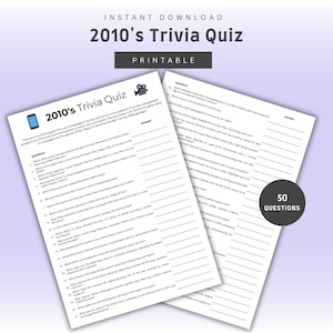 May include: A printable 2010's trivia quiz with 50 questions. The quiz is designed to test your knowledge of events, music, movies, and pop culture from the decade. The quiz is perfect for a game night or party.