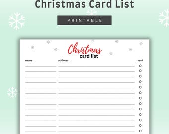 May include: A white printable Christmas card list sheet featuring the text Christmas card list in red and black script and print. The document includes columns for name, address, and sent with circular checkboxes, decorated with small grey snowflakes.