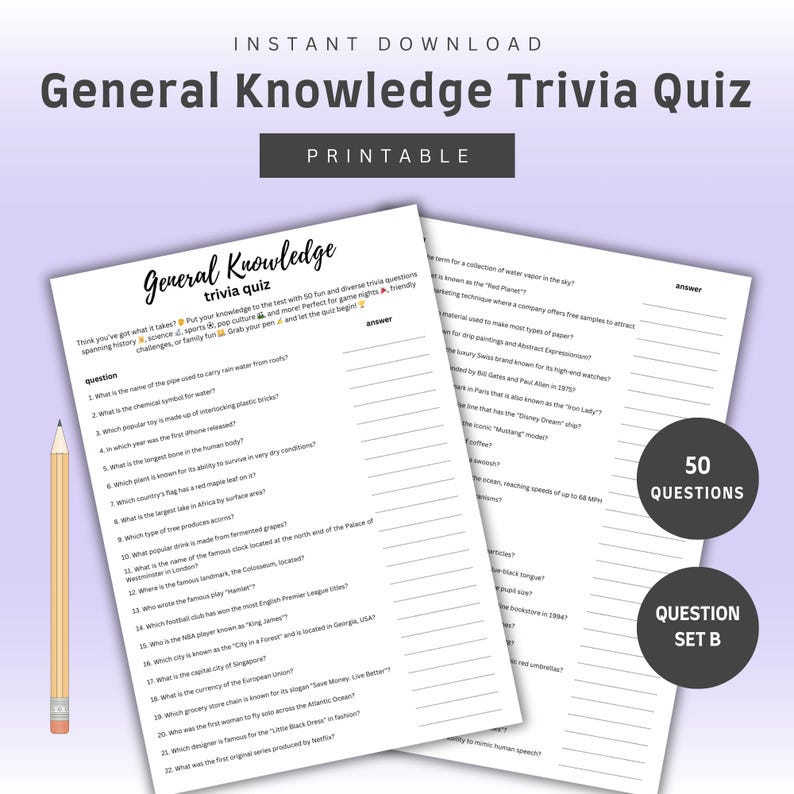 General Knowledge Quiz Fun Printable Quiz PDF 50 Questions History, Pop