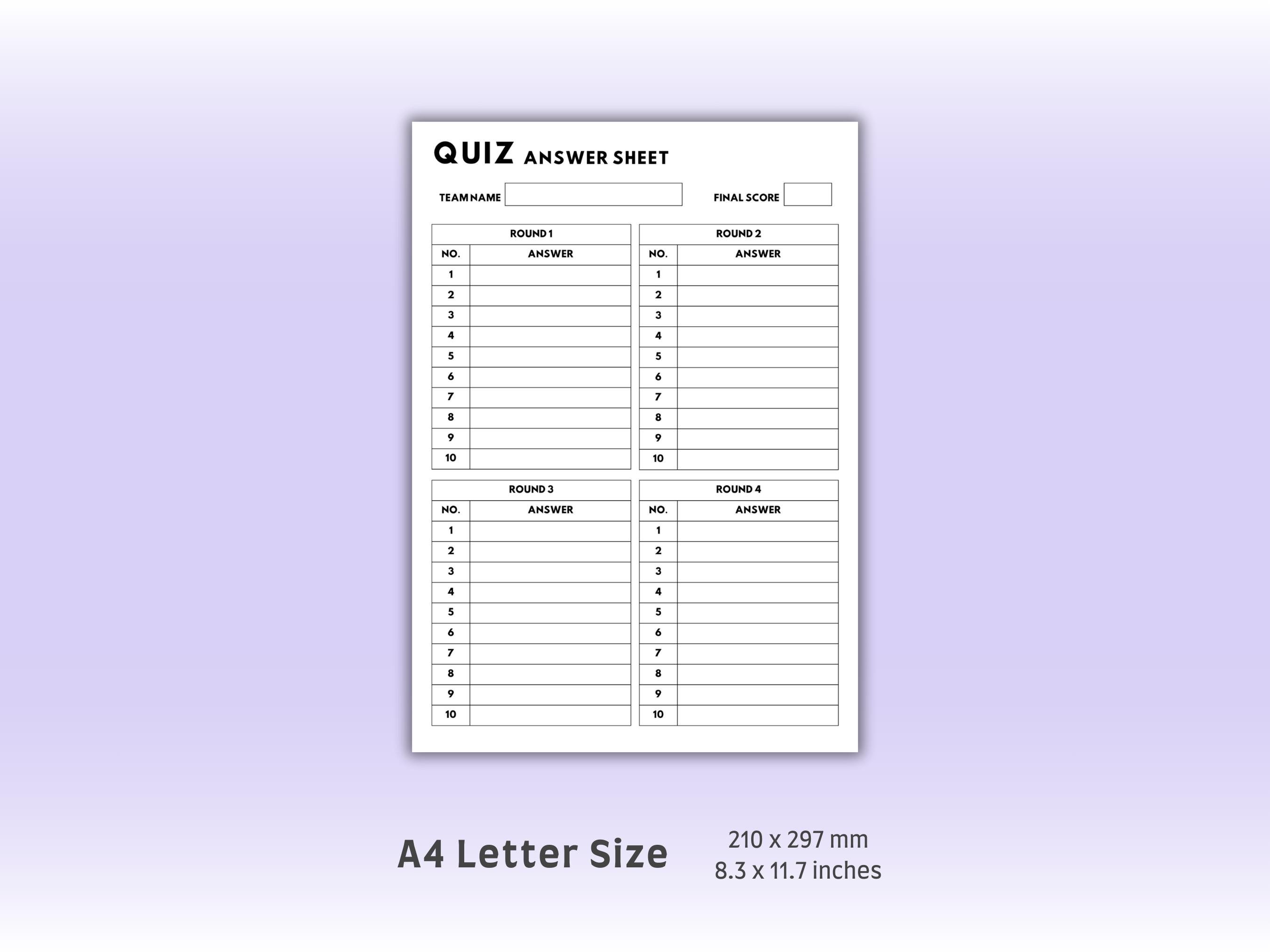 Trivia Quiz Answer Sheet | 4 Rounds 10 Questions With Team Name & Final ...