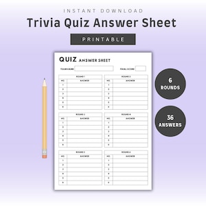 Può includere: Foglio di risposte per quiz di trivia stampabile con sei round e 36 risposte. Il foglio ha spazi per il nome della squadra, il numero del round, il numero della domanda e la risposta.