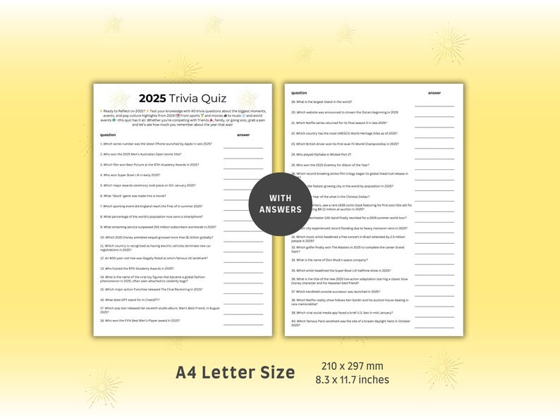 2025 Trivia Quiz | 40 Questions - Sports, Movies, Music | Fun Group