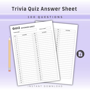 May include: A white trivia quiz answer sheet with black text and lines for 100 questions, featuring fields for team name and final score. A yellow pencil is positioned to the left of the paper, and a download icon is visible on the right side.