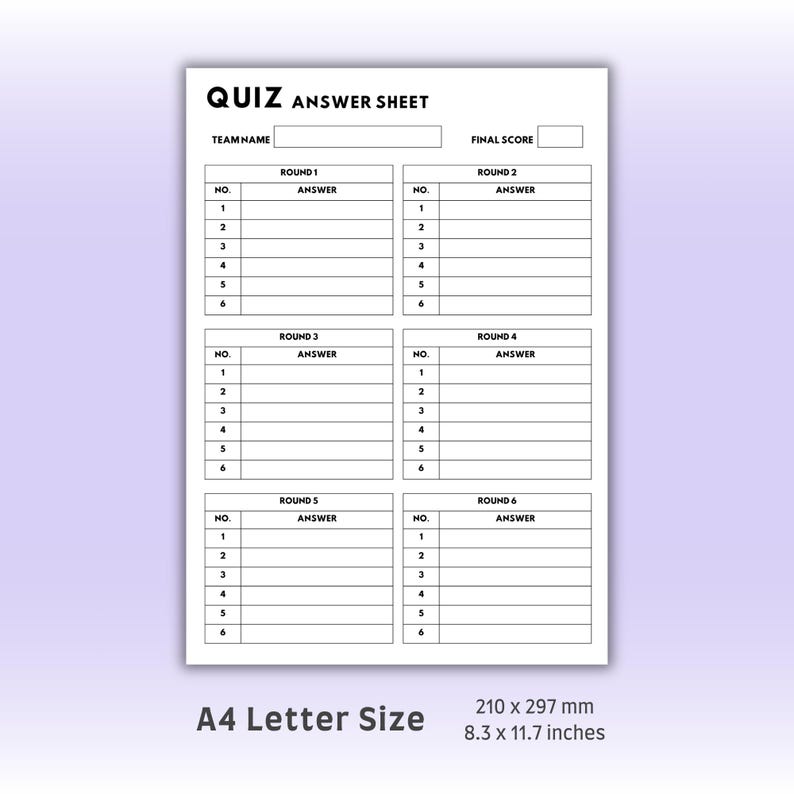 Quiz Answer Sheet Trivia Answer Sheet Printable Answer Sheet For 6
