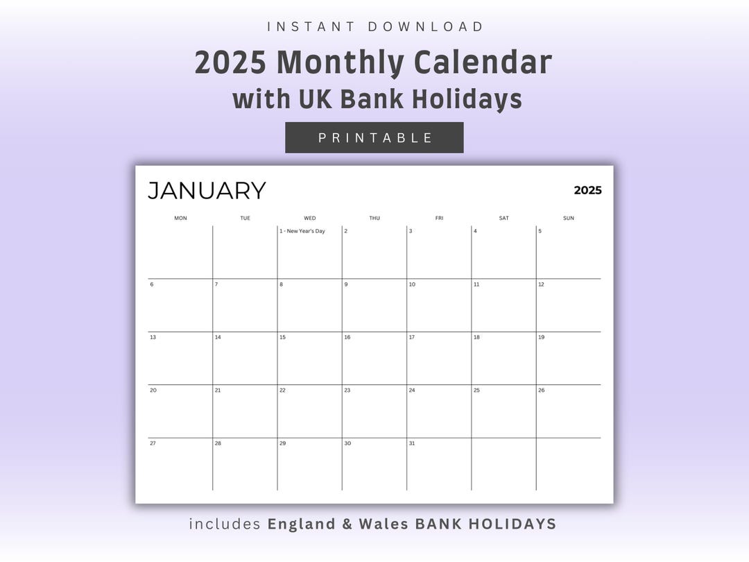 2025 Printable Monthly Calendar With Holidays | UK England and Wales ...