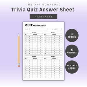 Trivia Quiz Answer Sheet | 4 Rounds 10 Questions with Name & Final Score | Multiple Choice A-C Blank Printable PDF | Instant Download
