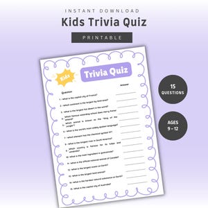 Quiz pour enfants | Jeu imprimable amusant | 15 questions 9-12 ans | Culture générale, géographie, sciences et plus avec réponses | Téléchargement instantané
