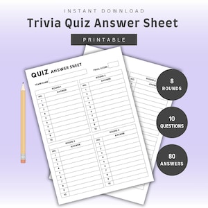 Svarsblad för triviaquiz | 8 omgångar, 10 frågor med lagnamn och slutresultat | Spelkvällsvärdskap, tom utskrivbar PDF | Direktnedladdning