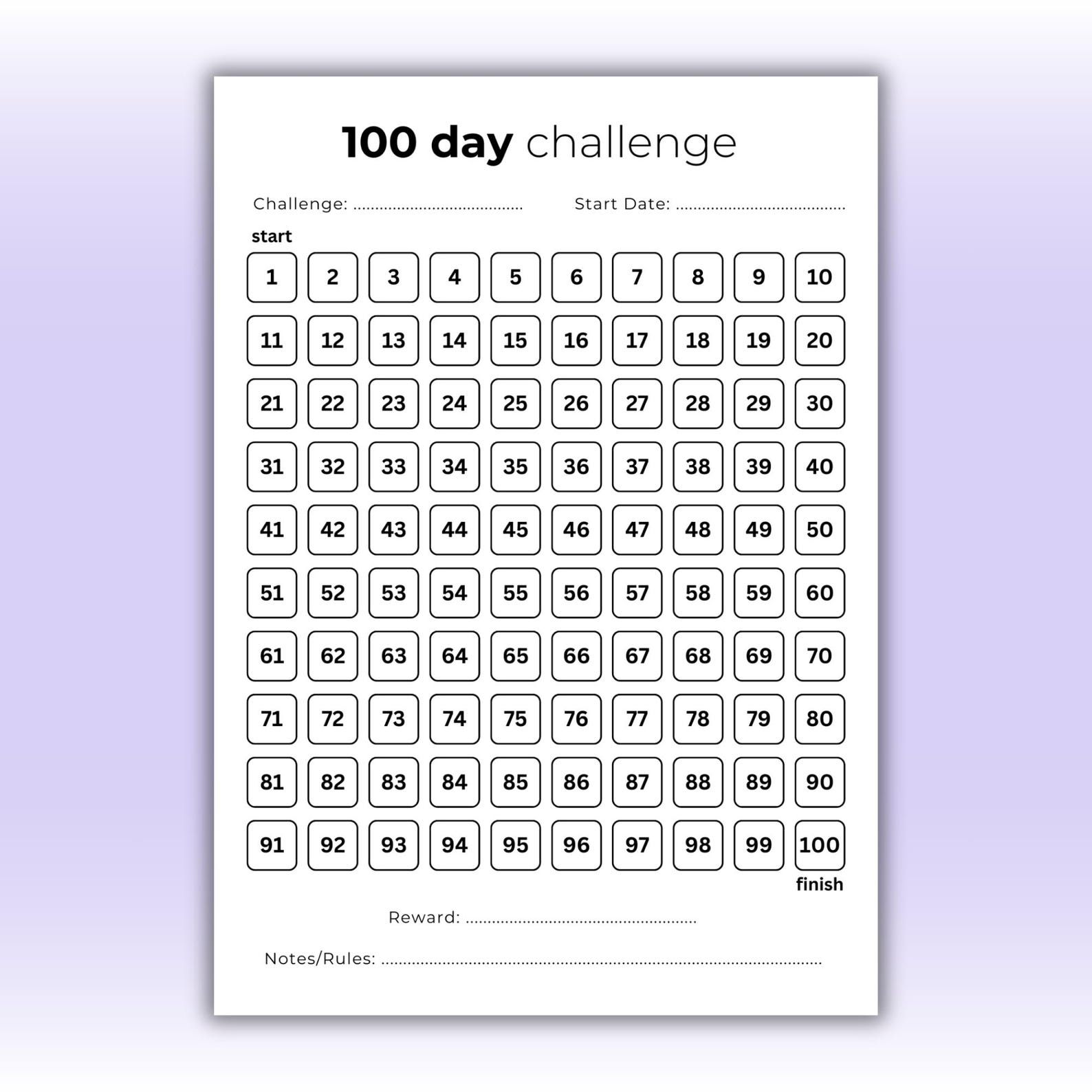 100 Day Challenge Tracker | Minimalist Printable | Goal Planner ...