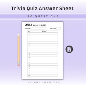 May include: A white trivia quiz answer sheet with black text and lines for 20 questions, featuring fields for team name and final score. A yellow wooden pencil with a pink eraser is positioned to the left, and a download icon is on the right.