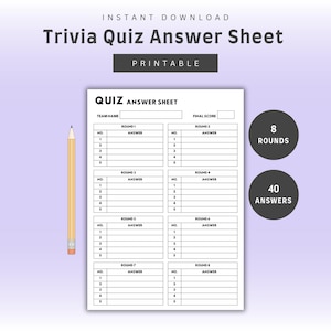 Folha de Respostas do Quiz de Trivia | 8 Rodadas 5 Perguntas com Nome da Equipe e Pontuação Final | Hospedagem da Noite de Jogos PDF em Branco para Impressão | Download Instantâneo