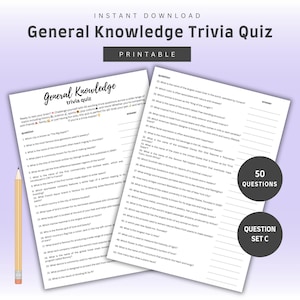 May include: A printable general knowledge trivia quiz with 50 questions. The quiz is divided into two sections, with questions on a variety of topics, including history, geography, science, and pop culture. The quiz is perfect for a game night or a fun way to test your knowledge.