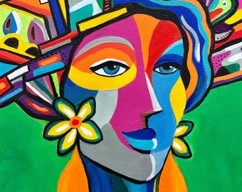 May include: Abstract painting of a woman's face with bright colors, including blue, green, yellow, orange, pink, and red. The woman has a flower behind her ear and large orange earrings.