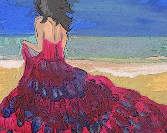 Sea-escape- Original Contemporary Acrylic Woman on Beach 8x10" PRINT