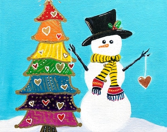 Spread Love- 8x8” PRINT of original acrylic snowman and tree painting