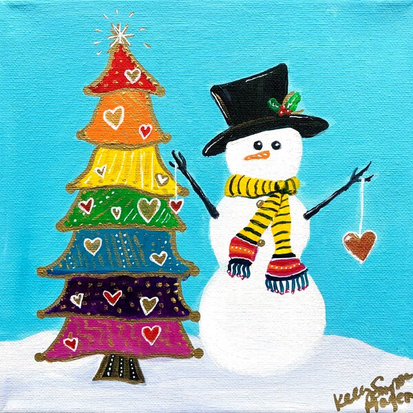 Spread Love - 8x8 » IMPRESSION d’un bonhomme de neige acrylique original et d’une peinture d’arbre