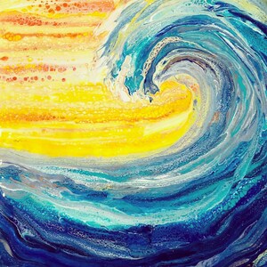 May include: Abstract painting of a blue wave crashing over a yellow and orange background. The wave is painted with white and blue swirls and the background is painted with yellow and orange stripes.