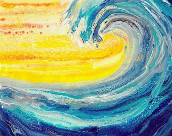 Puede incluir: Pintura abstracta de una ola azul rompiendo sobre un fondo amarillo y naranja. La ola está pintada con remolinos blancos y azules y el fondo está pintado con rayas amarillas y naranjas.