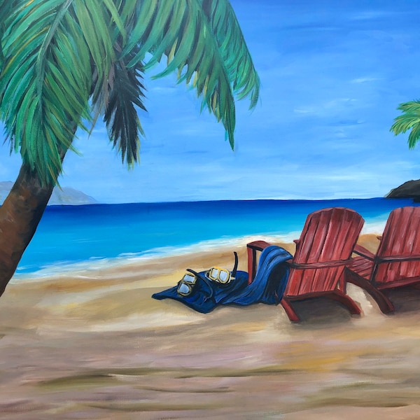 Vacances pour deux - Original Acrylique Vacances Tropical Scuba Painting 8x10 « Imprimer