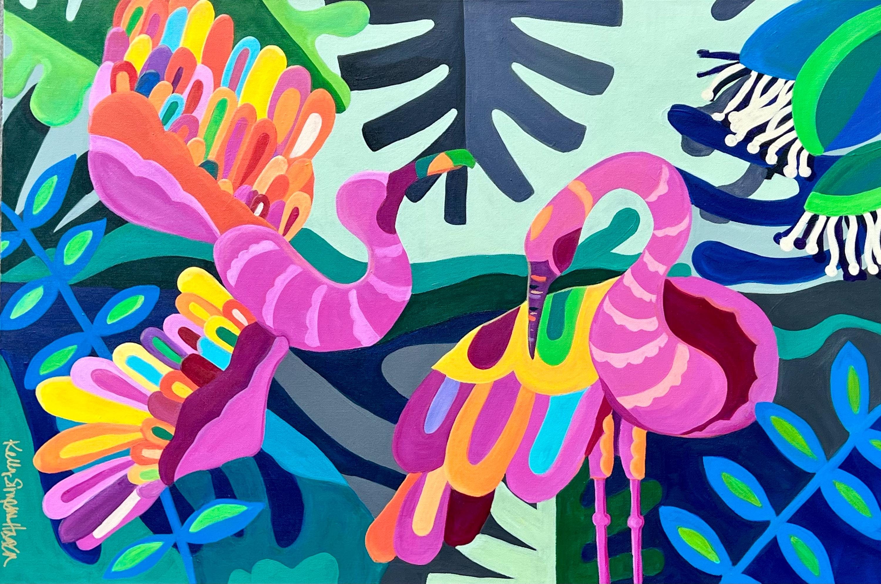 Flamingos in Paradise-24x36” original flamingo jungle acrylic painting on canvas