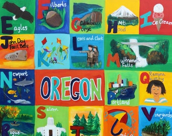 Oregon Alphabet-Original 24x36 Original Acrylic Painting of Places in Oregon