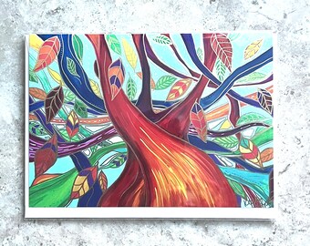 May include: Abstract painting of a tree with colorful branches and leaves. The tree is painted in shades of red, orange, yellow, blue, green, and purple. The background is a light blue color.