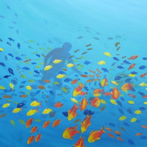 Diving in Mexico- Original Scuba diving Snorkeling acrylic painting 8x10 PRINT