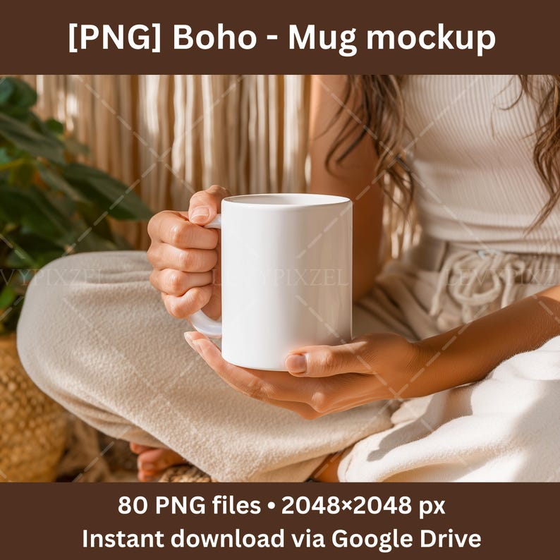 A blank white mug mockup displayed on a rustic wooden table with visible natural grain and slightly weathered texture. Surrounding the mug are subtle boho-inspired decorations such as dried leaves, woven accents, and muted beige objects placed softly out of focus. Warm, diffused light highlights both the wood surface and the smooth ceramic shape of the mug. The arrangement conveys a calm, handcrafted bohemian mood with earthy tones and organic materials enhancing the cozy aesthetic.