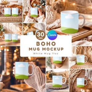 May include: A selection of white 312g mugs with a landscape design featuring a blue sky, white cloud, and green hills. The image includes the text "BOHO MUG MOCKUP" and "30 PNG Canva".