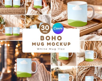 Boho Mug Mockup Bundle: 30 PNG & Canva Templates (3000x3000px), White Mug 11 oz