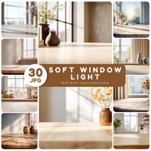 Soft Window Light Background Bundle - 30 PNG, Minimal Product Background, Natural Sunlight Table Mockup