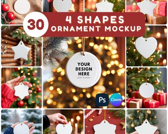 Ornament Mockup Bundle: 4 Shapes, Christmas Ornament, White Ceramic, PSD and Canva (Digital download)