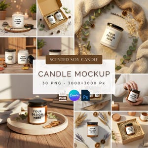Puede incluir: Una colección de velas de soja en tarros de vidrio con tapas negras, cada una con la etiqueta "YOUR DESIGN HERE". La imagen incluye una maqueta de velas con el texto "SCENTED SOY CANDLE" y "CANDLE MOCKUP".