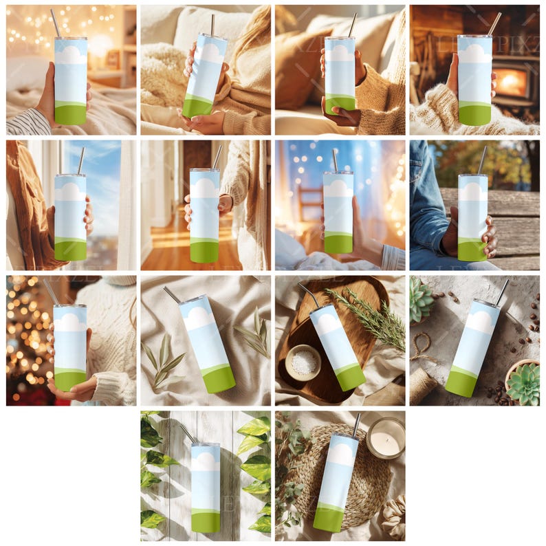 Tumbler mockup with lid and neutral flat surface, perfect for brand preview, Realistic mockup featuring white matte tumbler on soft boho-inspired background, Skinny tumbler mockup with transparent lid and natural daylight shadow, Editable product mockup of tumbler laid flat on rustic table surface, Simple tumbler PNG template showcasing stainless steel drinkware, Mockup of insulated tumbler with lid on wood-textured background, Minimal white tumbler with straw, perfect for sublimation