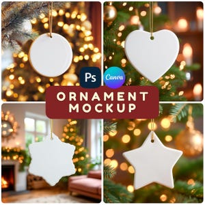 Bundle med mockup-prydnader: 4 former, runda, hjärtan, snöflingor och stjärnornament, PSD och Canva-mallar