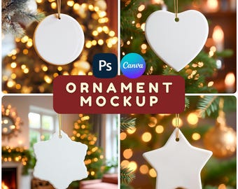 May include: A set of four blank white ceramic ornaments in circle, heart, snowflake, and star shapes, each hanging from a gold string. The text ORNAMENT MOCKUP is displayed in the center, accompanied by Photoshop and Canva software icons.