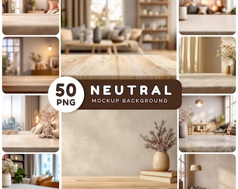Neutral Mockup Background Bundle - 50 PNG Minimal Scenes (Digital download, 2048x2048)