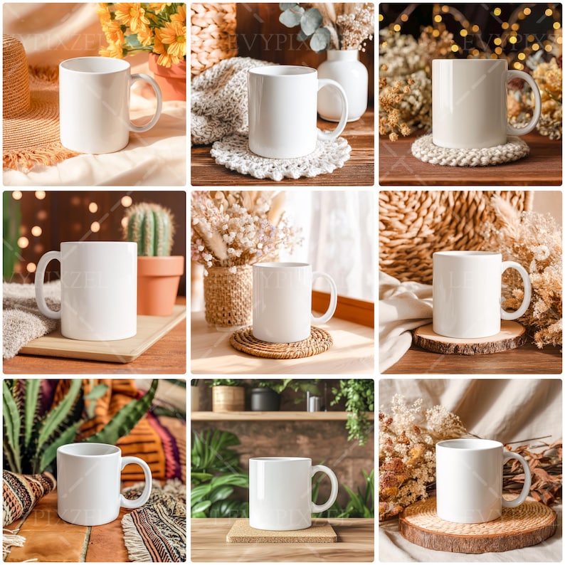 A minimalist boho coffee mug mockup featuring a plain white mug set among rattan and macramé elements. Woven textures with off-white fibers, natural tan shades, and hand-knotted threads form a soft artisanal backdrop. Gentle lighting falls across the fibers, creating delicate shadows while keeping the mug clean and prominent. The combination of natural materials, airy spacing, and warm neutral tones evokes a calm, handcrafted bohemian atmosphere with subtle decorative depth.