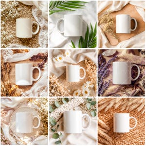 A white 11oz mug mockup placed in a cozy boho interior decorated with soft fabrics, wooden textures, and dried botanical accents. The background includes woven textiles, beige cushions, and natural decorative pieces arranged in warm earthy tones. Diffused light gently illuminates the scene, emphasizing the calm atmosphere while keeping the mug clearly defined. Organic materials, muted colors, and layered textures blend together to create a relaxed, inviting bohemian environment around the mug.