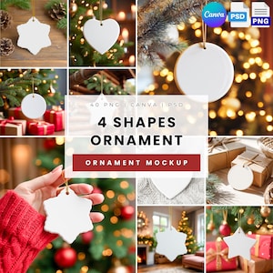 Op de afbeelding: Een verzameling witte kerstversieringen in vier vormen: ster, hart, cirkel en sneeuwvlok. De ornamenten hangen aan gouden touwtjes tegen een achtergrond van kerstbomen en cadeaus. De afbeelding bevat de tekst "4 Shapes Ornament" en "Ornament Mockup."