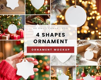 Peut inclure: Plusieurs décorations de Noël blanches en quatre formes : étoile, cœur, cercle et flocon de neige. Les ornements sont suspendus à des fils dorés, sur fond de sapins et de cadeaux de Noël. Le texte de l'image indique "4 Shapes Ornament" et "Ornament Mockup."