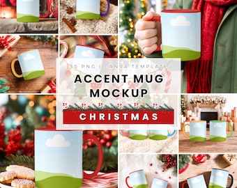 May include: A collection of accent mug mockups with a Christmas theme. The mugs feature a light blue sky with a white cloud over a green hill. The mugs have different colored handles and rims. The text "ACCENT MUG MOCKUP" and "CHRISTMAS" are also visible.