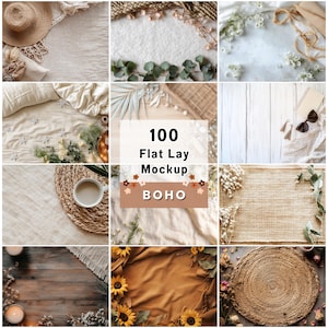 Pode incluir: Uma coleção de 100 maquetes de plano com um tema boho. As maquetes apresentam várias texturas e cores, incluindo materiais naturais como madeira, palha e tecido. As maquetes são perfeitas para mostrar produtos, marcas e criar conteúdo visual.