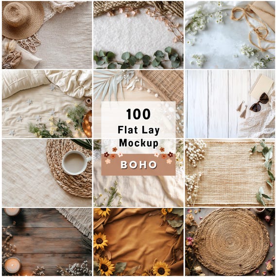 Boho Flat Lay Mockup Bundle: 100 PNG Product Backgrounds (2464x1856 px)