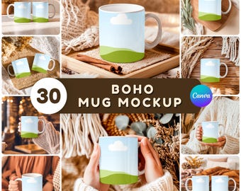 Boho Mug Mockup Bundle: 30 PNG & Canva Templates (3000x3000px), White Mug 11 oz