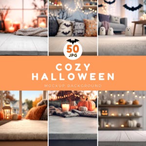 Mysig Halloween-mockupbakgrundspaket - 50 JPG-bilder, Displayprodukt, Höstbakgrund