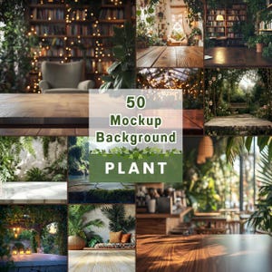 Puede incluir: Un collage de 50 imágenes con diversos fondos de temática vegetal, perfectos para maquetas de productos. Las imágenes muestran una variedad de entornos interiores y exteriores, incluyendo vegetación exuberante, mesas de madera y rincones acogedores.